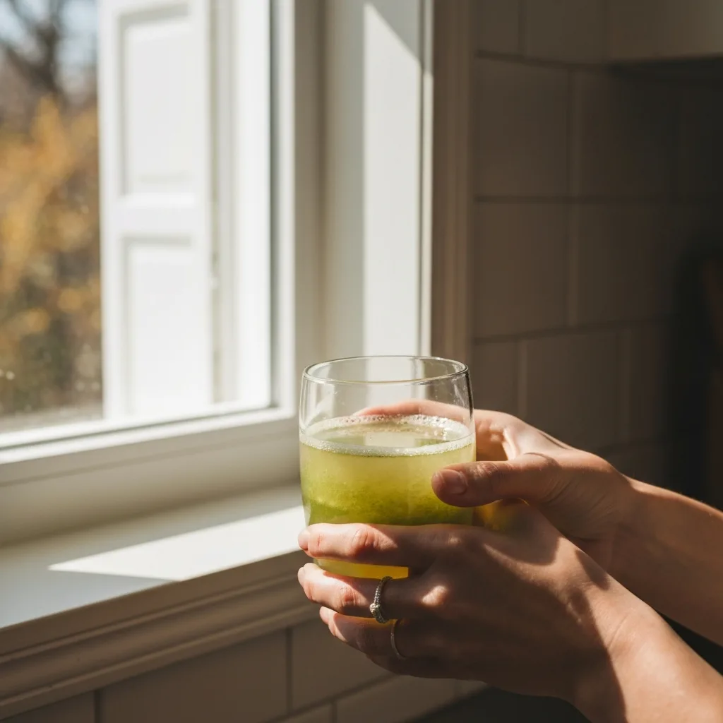 Hand holding a glass of fresh cold-pressed juice near kitchen window