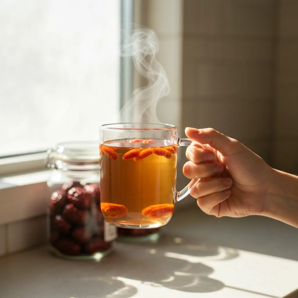 Hand holding a warm mug of goji berry red date tea near a kitchen window goji berry red date tea recipe