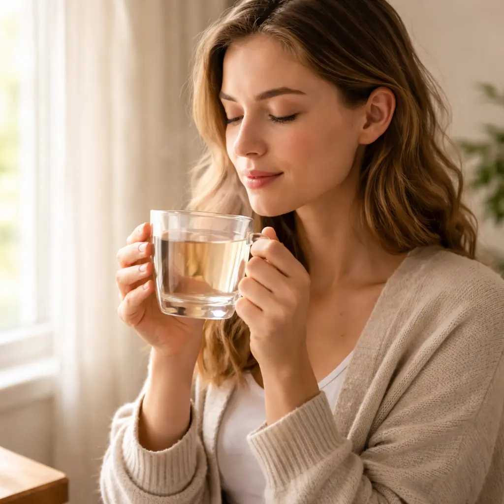 Person drinking warm water by window in morning warm water wellness habit