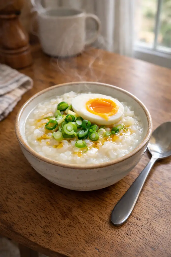Easy congee breakfast recipe vertical Pinterest image