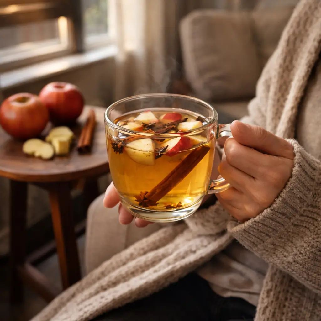 Person relaxing with a mug of boiled apple tea in the evening Why is everyone drinking boiled apple tea every night