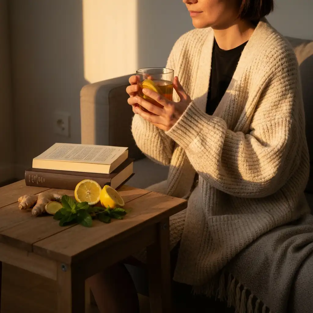 Cozy living room scene with person drinking detox tea and fresh ingredients nearby what drink detox the liver