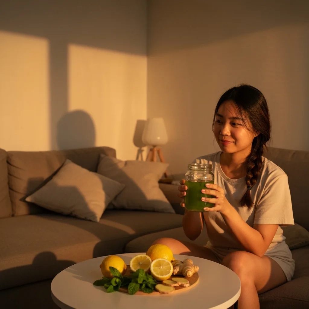person holding detox drink in cozy living room setting detox drink at home