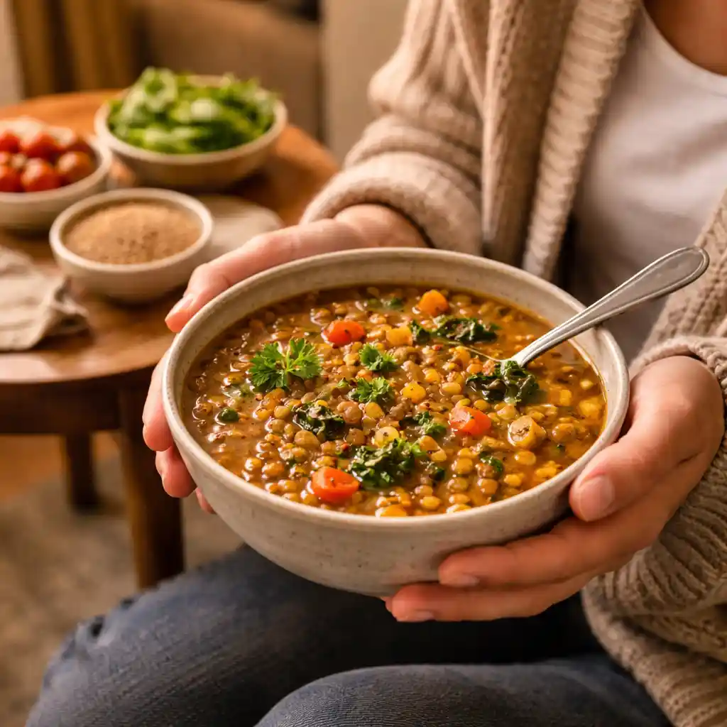 Cozy living room with person eating lentil soup fibermaxxing gut health