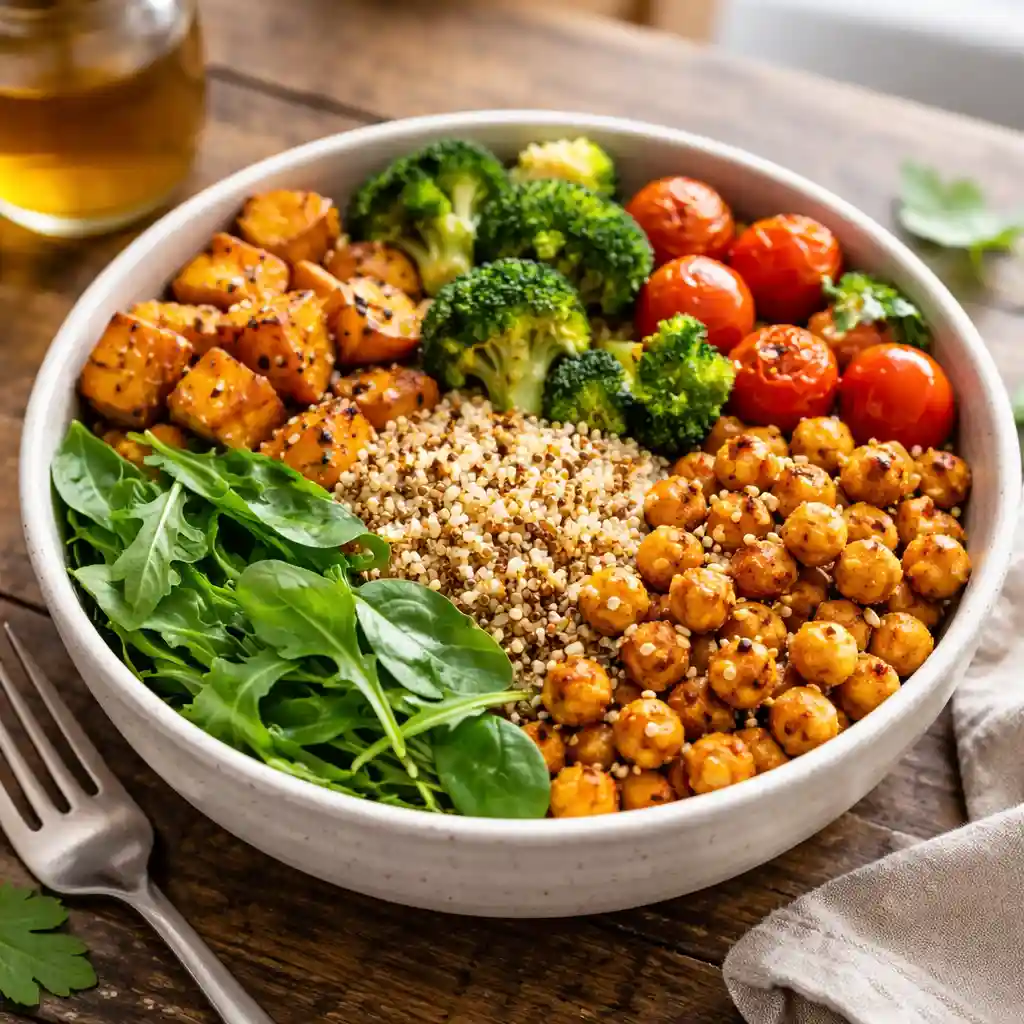 Quinoa bowl with vegetables and chickpeas high in fiber fibermaxxing gut health