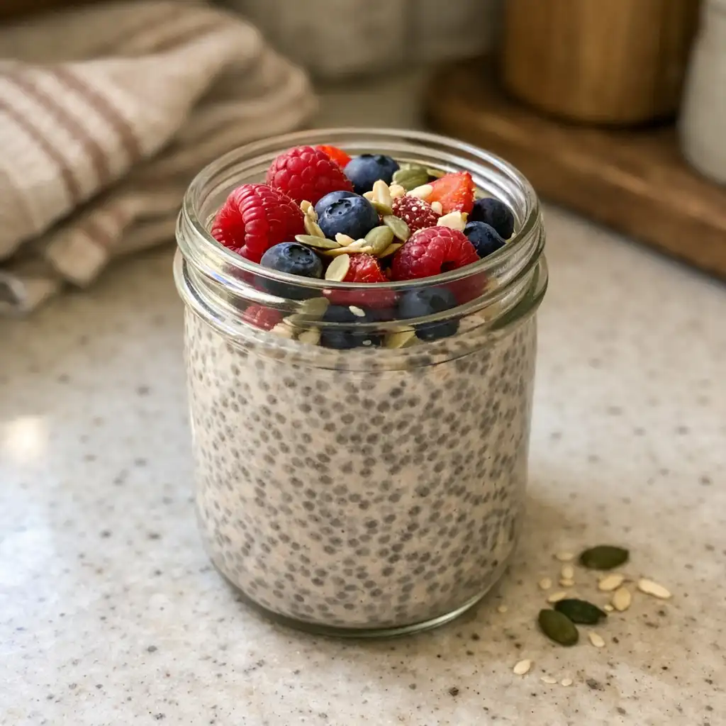 Chia pudding with berries and seeds in a glass jar What is fibermaxxing and why is Gen Z obsessed with it