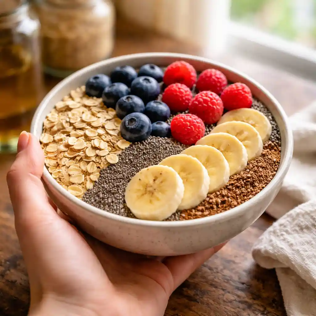 Hand holding healthy breakfast bowl near window light fibermaxxing gut health