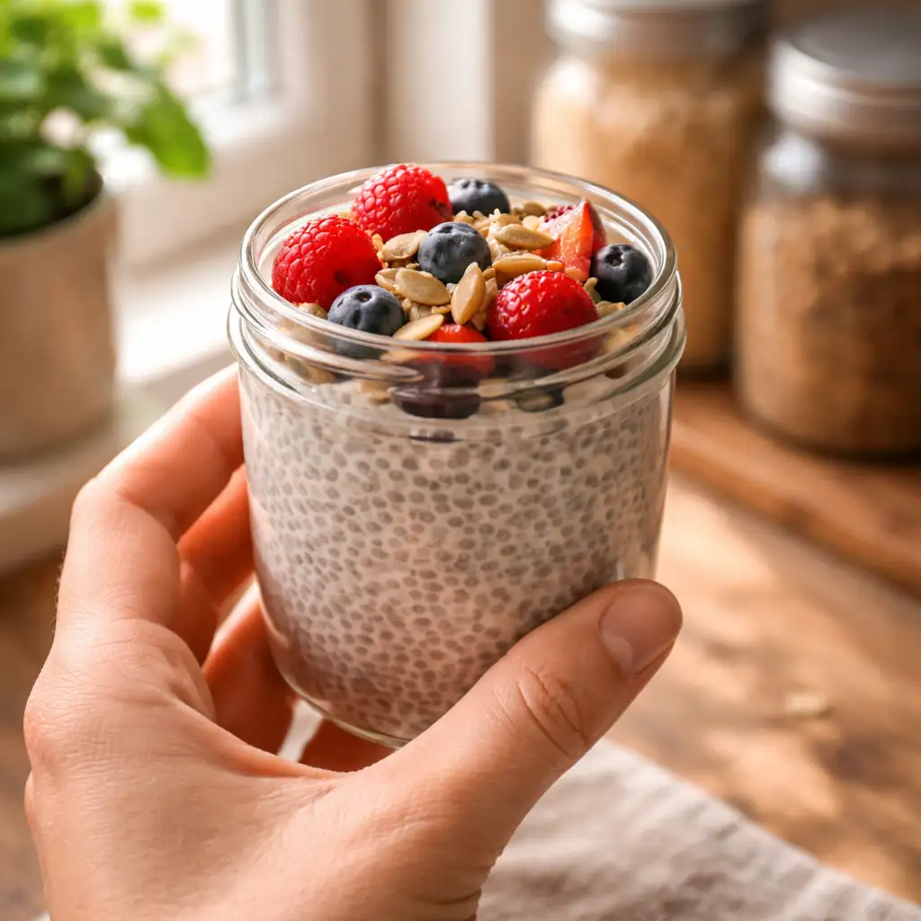 Hand holding chia pudding jar by window What is fibermaxxing and why is Gen Z obsessed with it