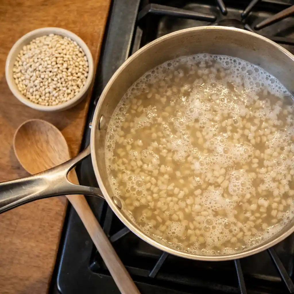 Hand holding glass of barley water by bright kitchen window barley water recipe