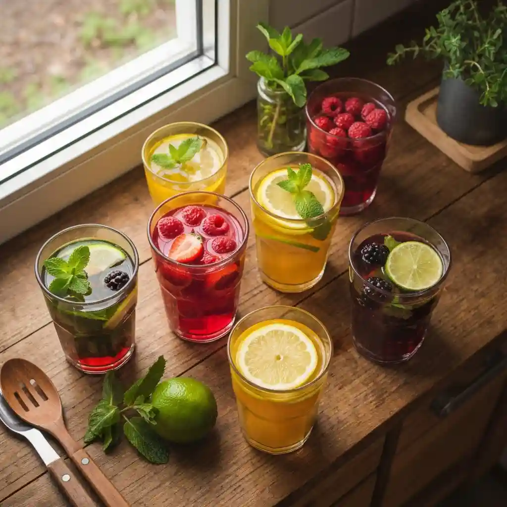 Top-down view of colorful fruit-infused detox drinks on a rustic table what drink detox your body