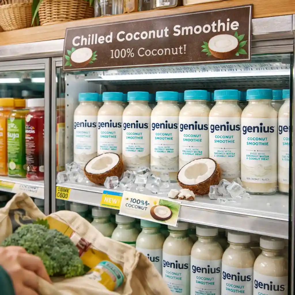 genius-coconut-smoothie-grocery Grocery refrigerator with genius coconut smoothie centered