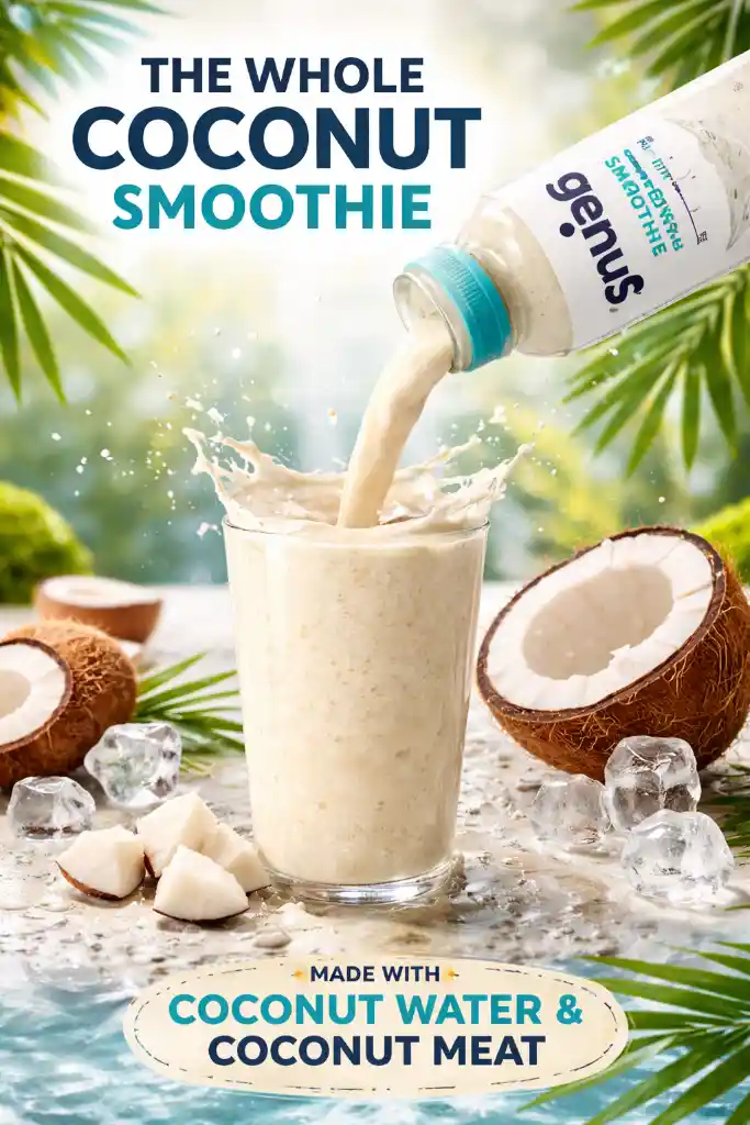 genius-coconut-smoothie-pinterest Pinterest-style vertical image showing creamy coconut swirl