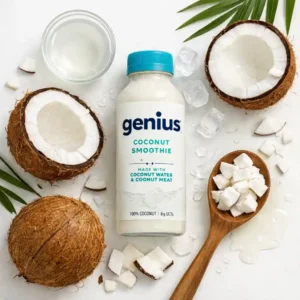 Futuristic beverage shelf highlighting a coconut smoothie