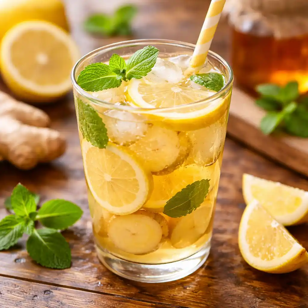 Iced honey lemon ginger tea with mint and lemon