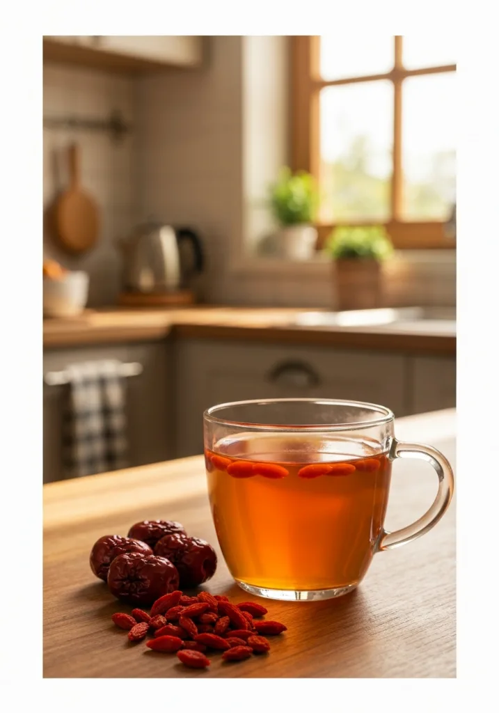 Vertical Pinterest image of homemade goji berry red date tea with ingredients goji berry red date tea recipe