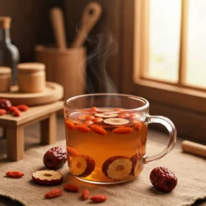Homemade goji berry red date tea in a glass cup with visible goji berries and red dates goji berry red date tea recipe