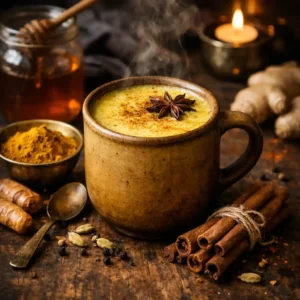 Golden milk recipe for sleep in a ceramic mug with steam rising