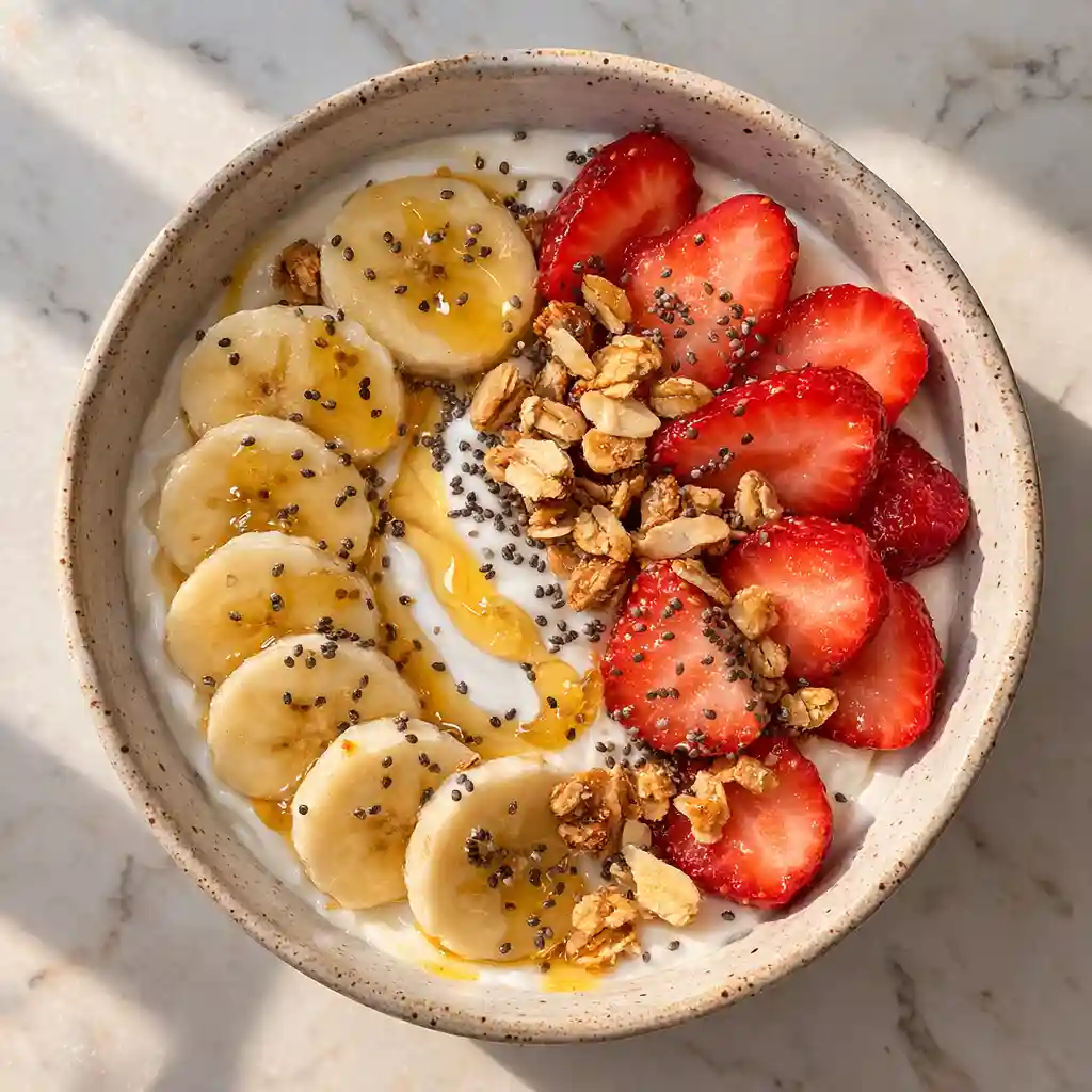 Greek yogurt bowl with mango, kiwi, granola, and coconut