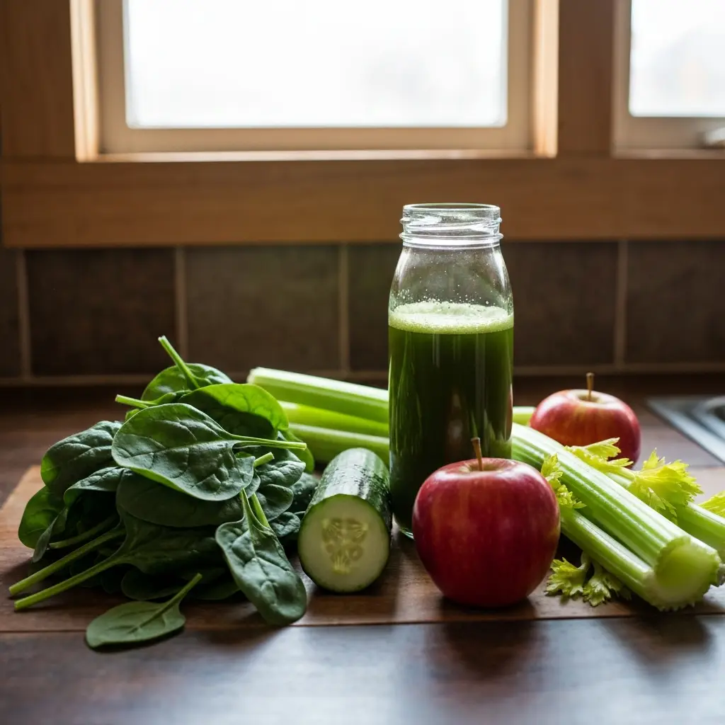 Green cold-pressed juice bottle with spinach cucumber and celery ingredients