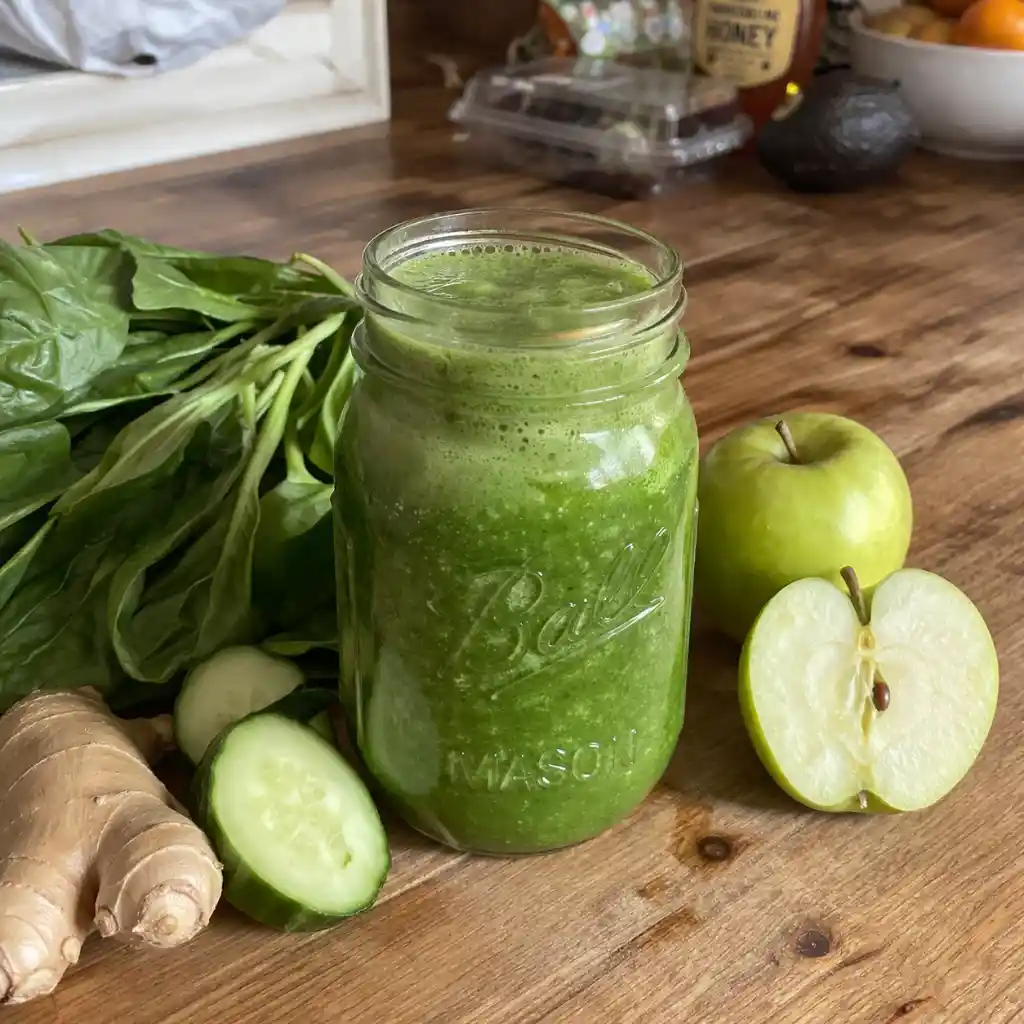 Green detox juice with spinach, apple, cucumber, and ginger detox juice drink recipes