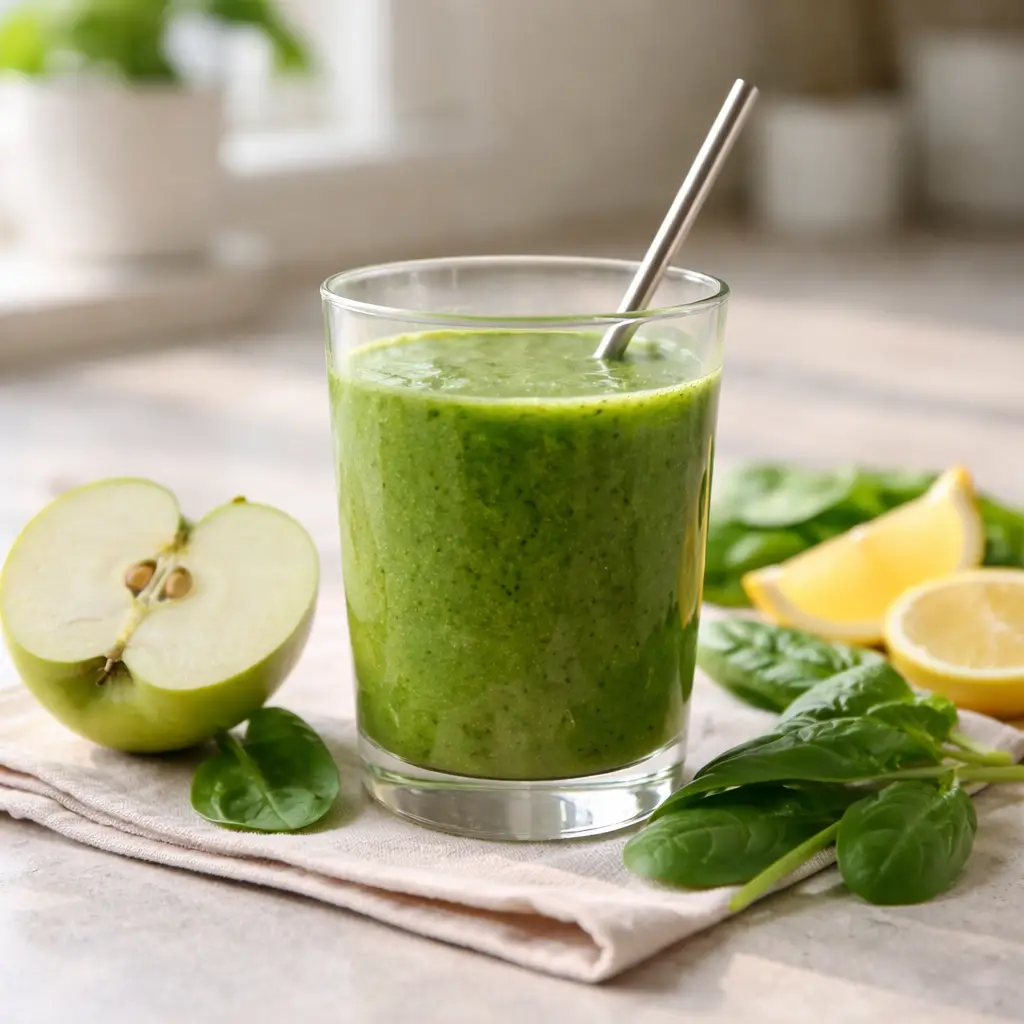 Green detox smoothie with spinach and apple on counter what detox drink works the best