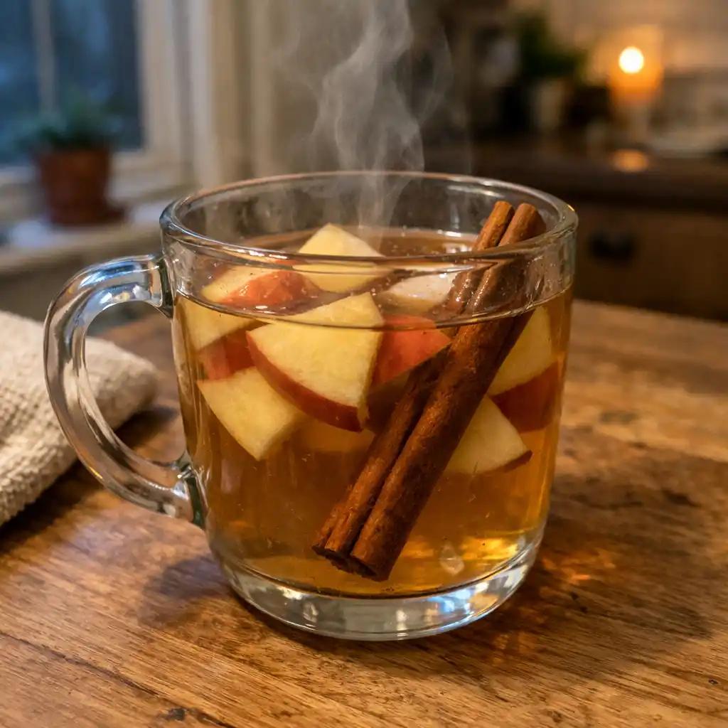 Gut healing apple tea before bed in a mug with apple slices and cinnamon