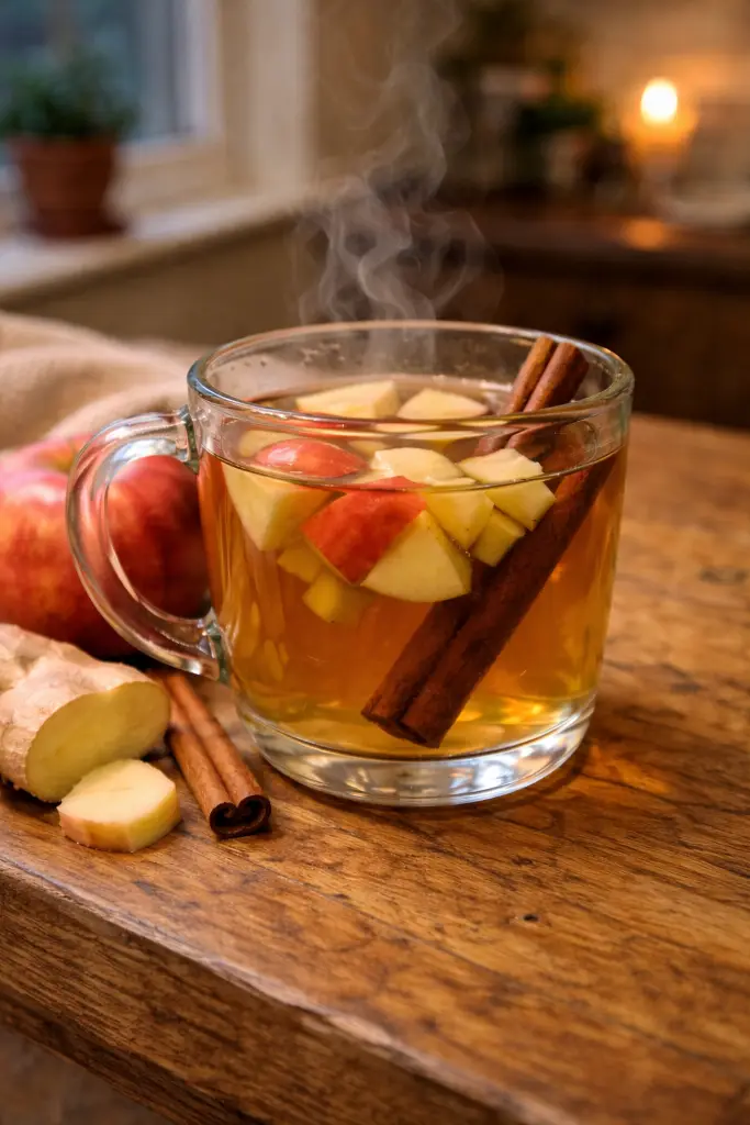 Vertical Pinterest style image of homemade apple tea with cinnamon gut healing apple tea before bed