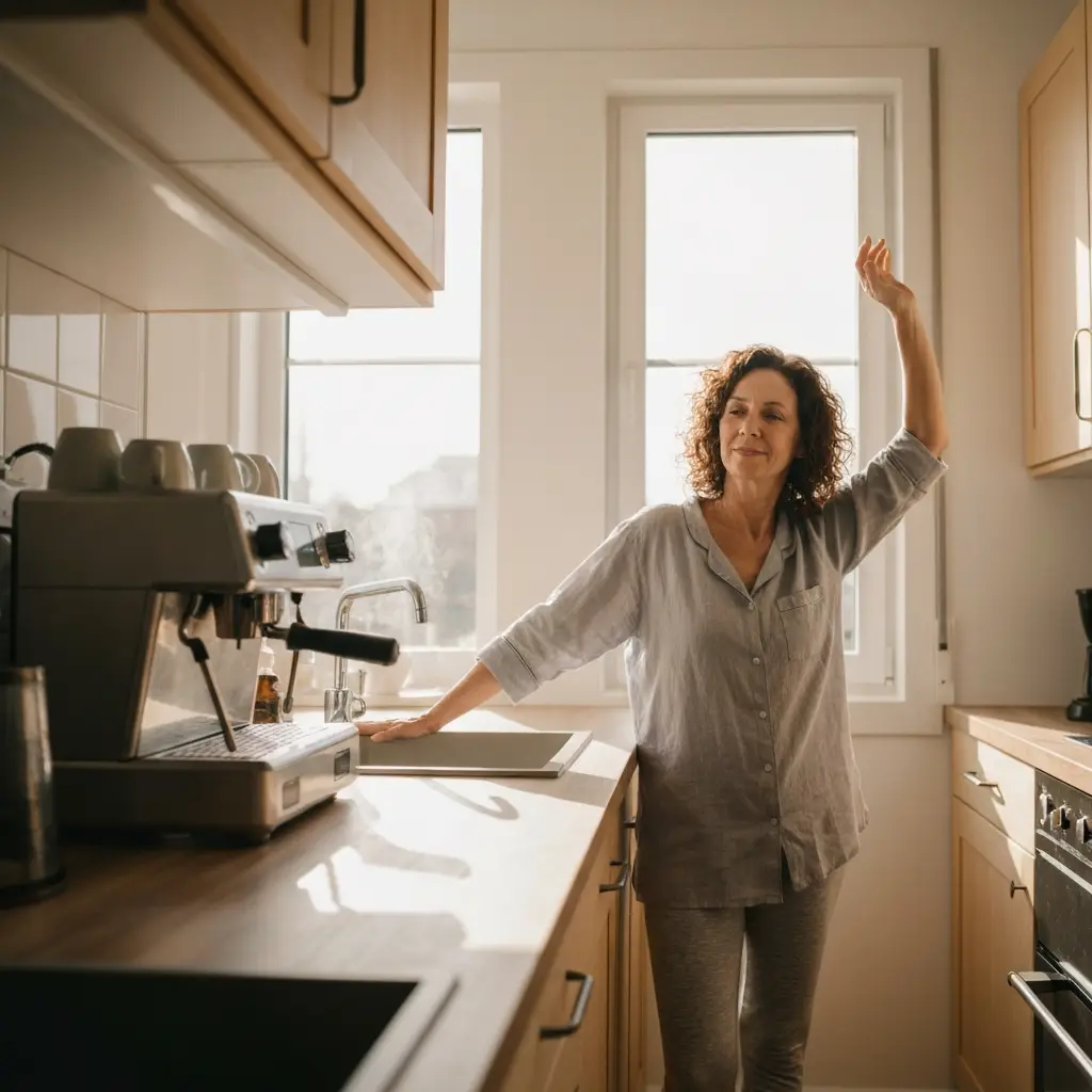 person stretching while waiting for coffee in kitchen wellness stacking daily habits