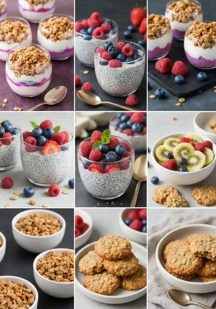 pinterest style vertical collage of healthy desserts with fruit yogurt oats
