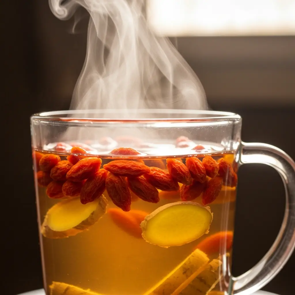 close-up of herbal tea with goji berries and ginger becoming chinese wellness trend