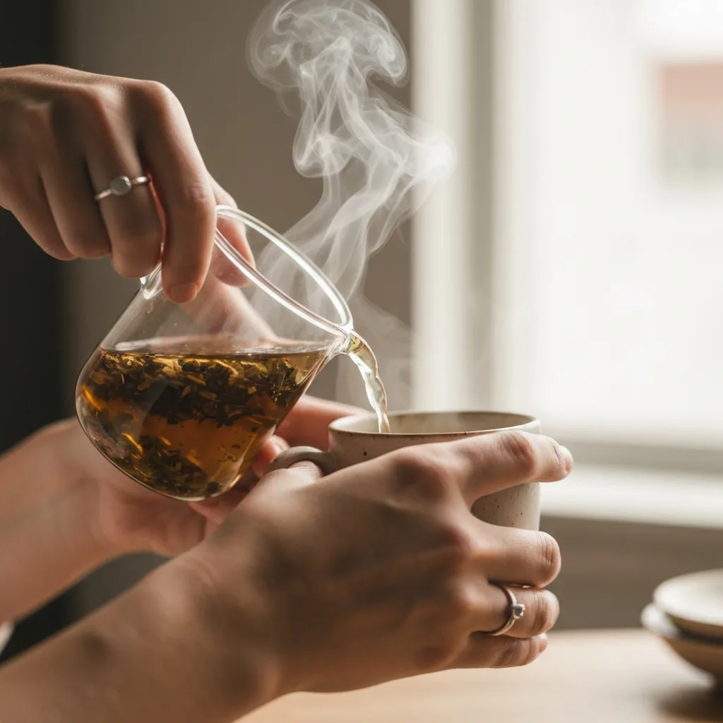 pouring herbal tea into a cup during a calm morning ritual slow morning wellness ritual