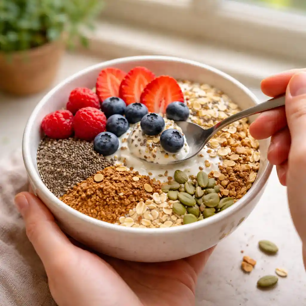 Yogurt bowl with seeds and berries in natural morning light fiber era high fiber breakfast