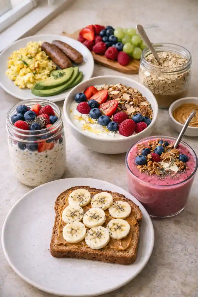 Variety of high protein breakfasts including eggs yogurt smoothies and oats