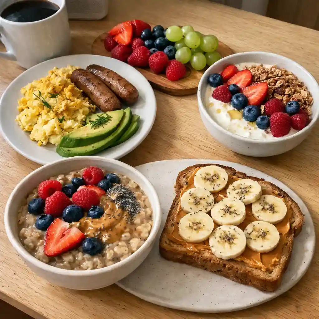 High protein breakfast spread with eggs, yogurt bowl, oats and fruit