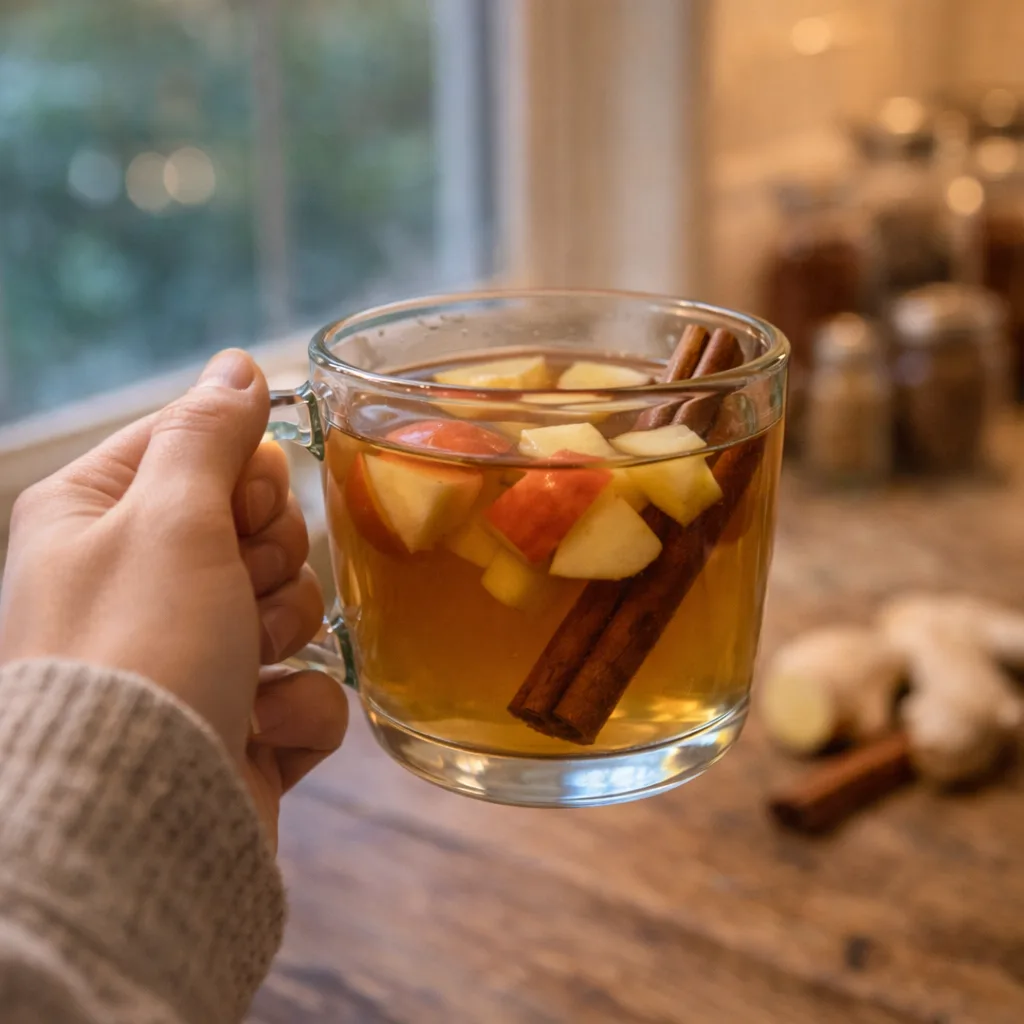 Hand holding a mug of apple tea near a kitchen window gut healing apple tea before bed