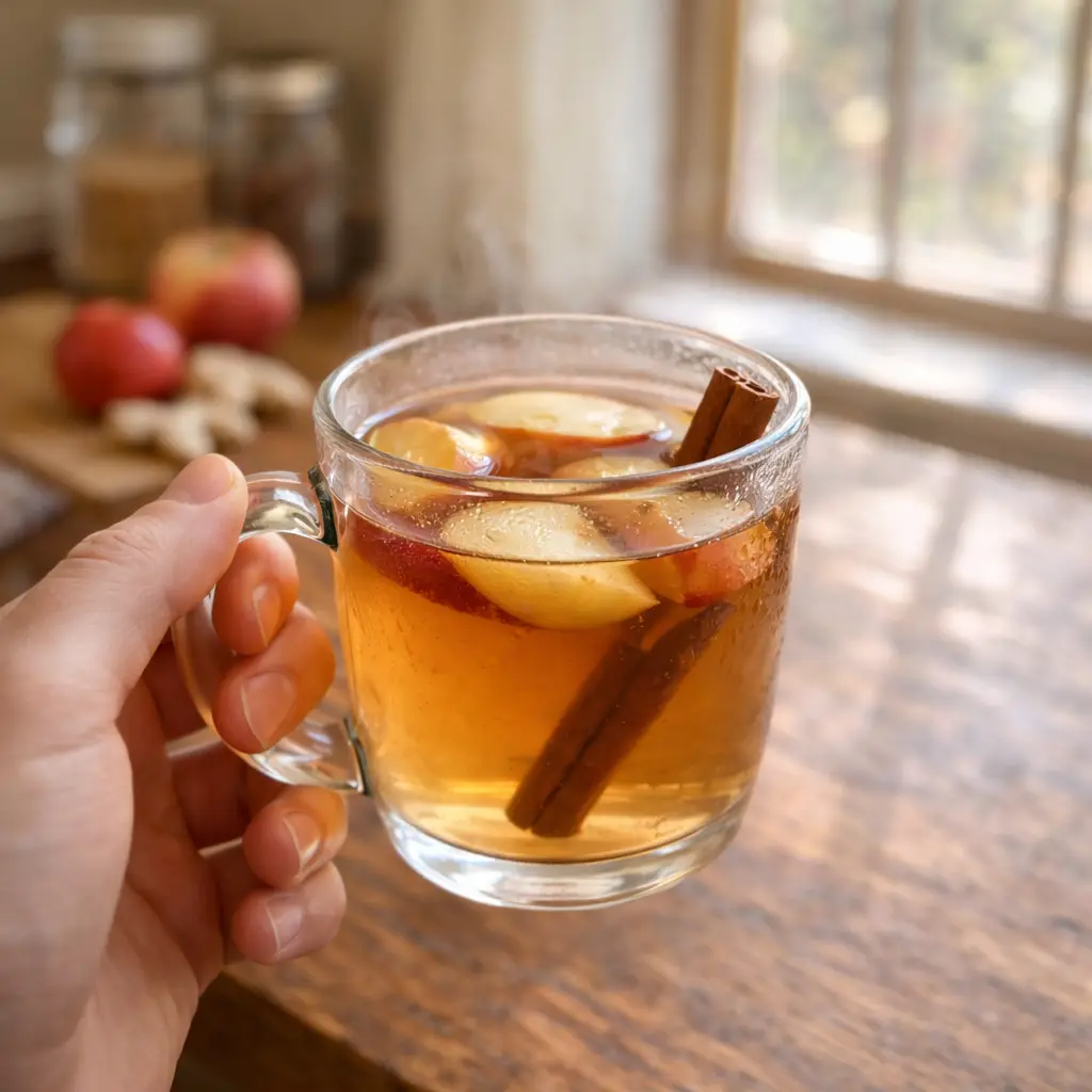 Hand holding warm apple tea near kitchen window 3 ingredient boiled apple tea for digestion