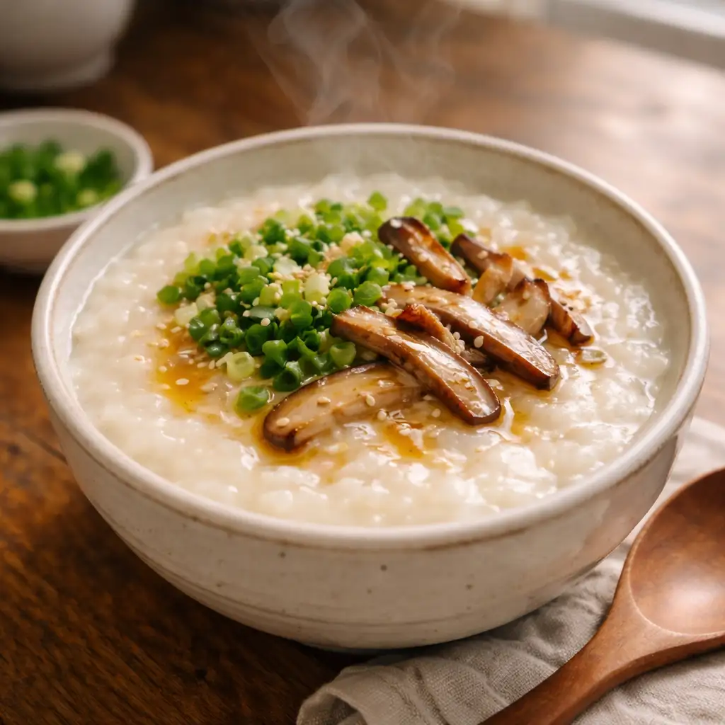 Hand holding a bowl of homemade congee near a sunny kitchen window congee breakfast recipe