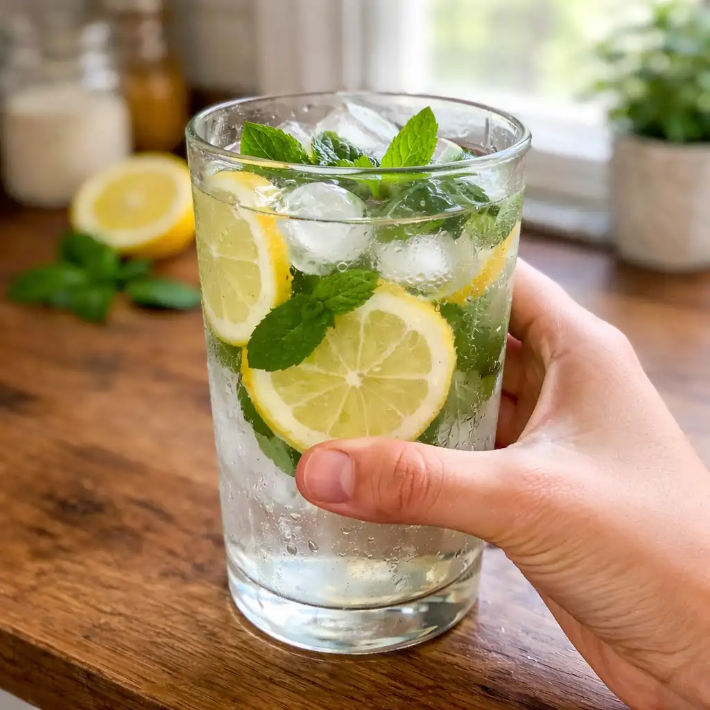 Hand holding a chilled lemon mint cooling drink near a sunny kitchen window natural body cooling drink