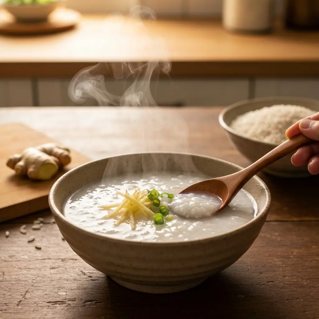 homemade rice congee porridge breakfast bowl on kitchen table 3 ingredient congee breakfast