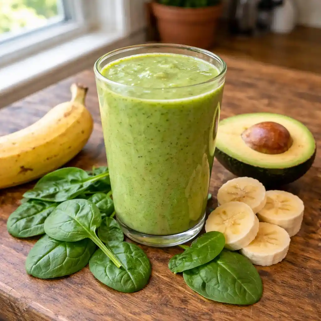 Hand holding a fresh fruit smoothie near a bright kitchen window