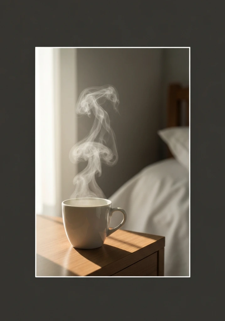 Vertical image of hot water cup on bedside table in sunlight Why is everyone drinking hot water in the morning