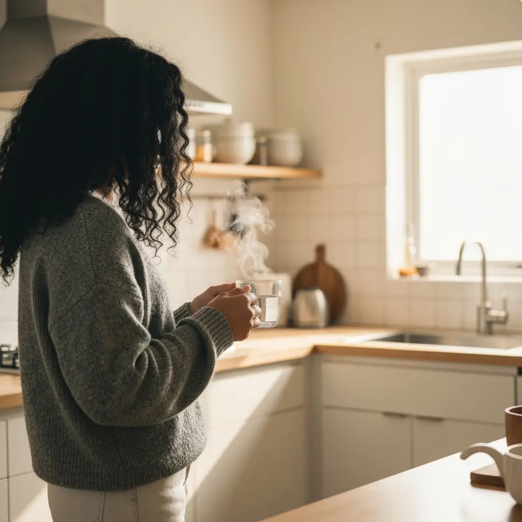 Person holding a cup of hot water in a calm morning kitchen Why is everyone drinking hot water in the morning