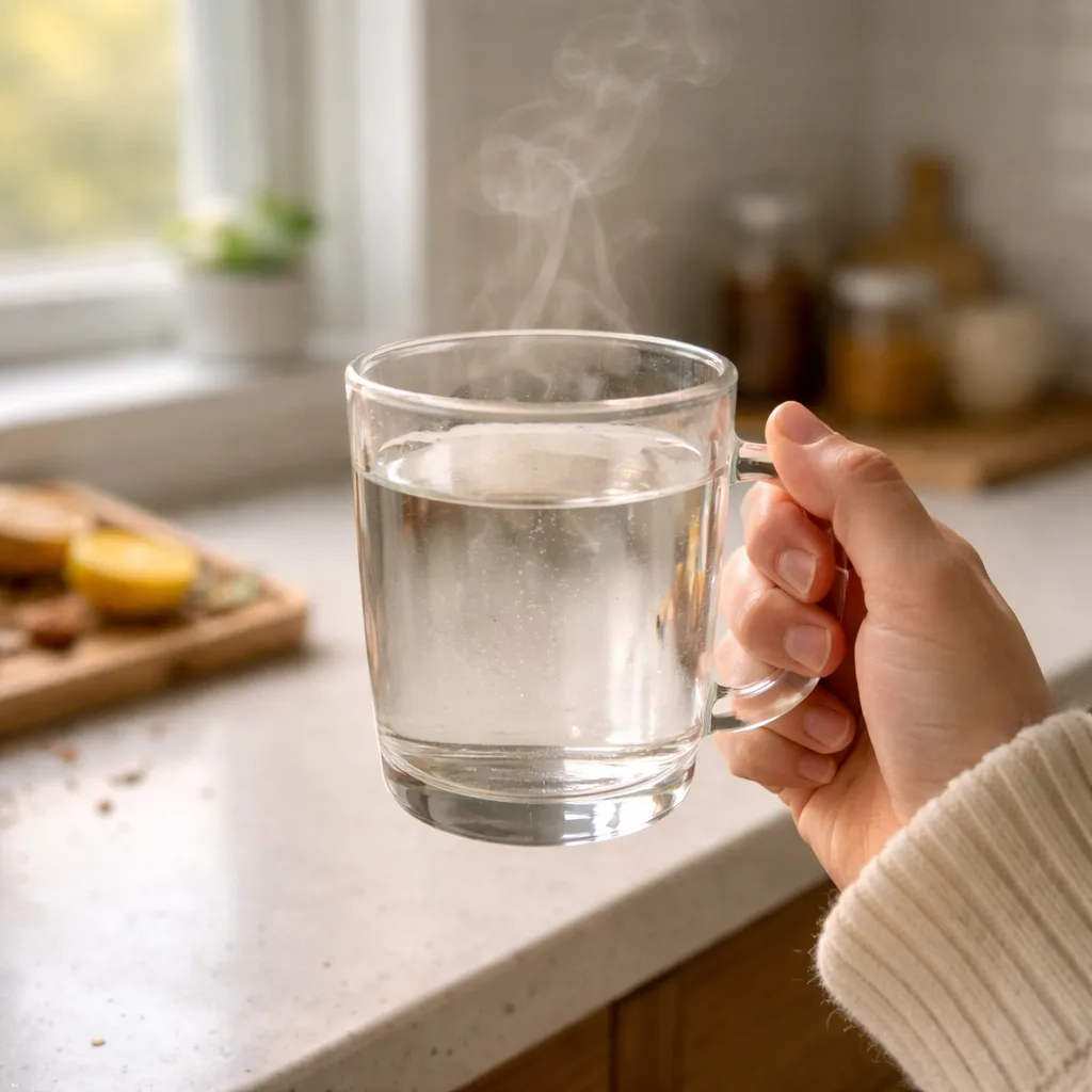 Hand holding hot water glass near sunny kitchen window drink hot water every morning