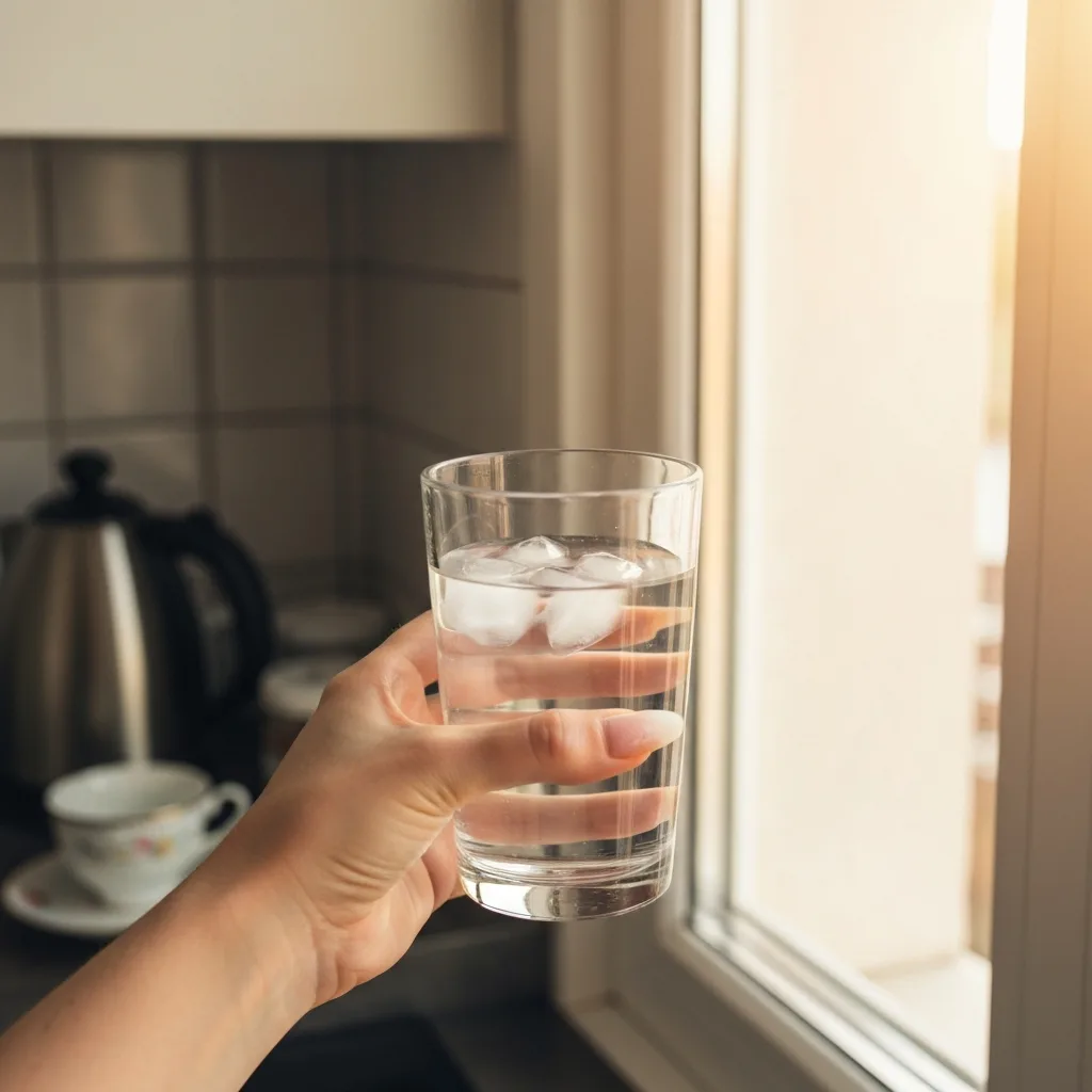Hand holding glass of water by kitchen window during fasting 3 day fasting benefits