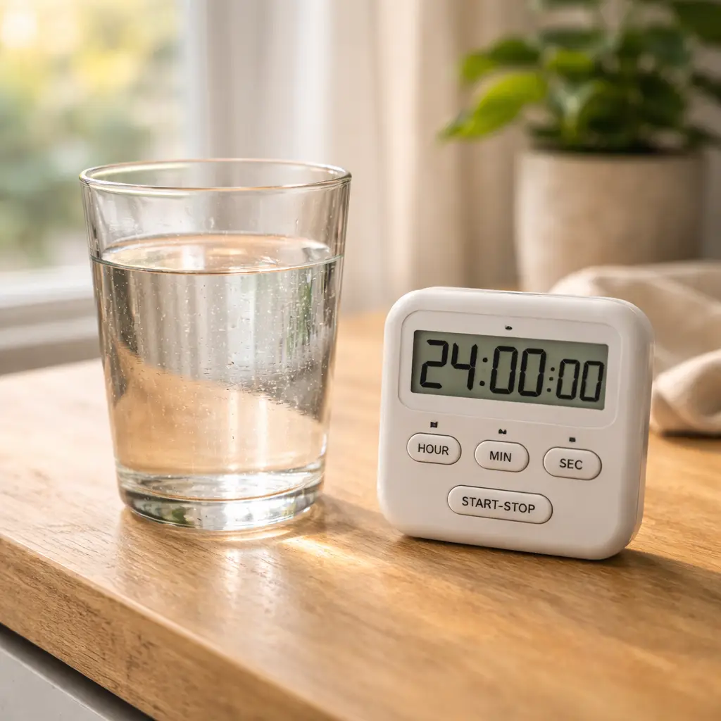 Hand holding cold glass of water near kitchen window during fasting what is water fasting and how do you do it