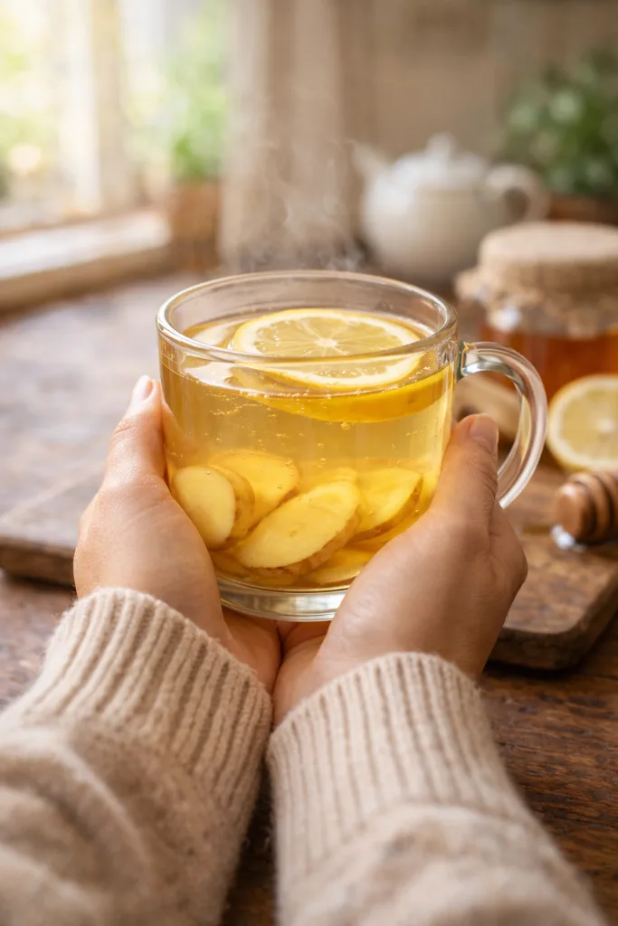 Person holding warm mug of honey lemon ginger tea