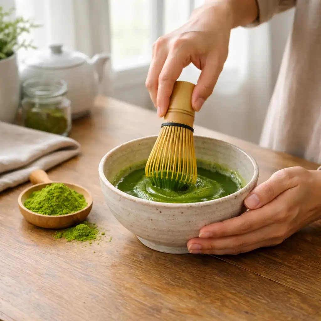 Iced matcha latte with milk and ice cubes on kitchen counter