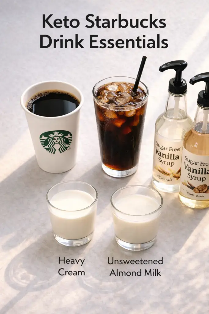 keto-friendly-starbucks-pinterest-6 Pinterest-style flat-lay of keto Starbucks drink essentials
