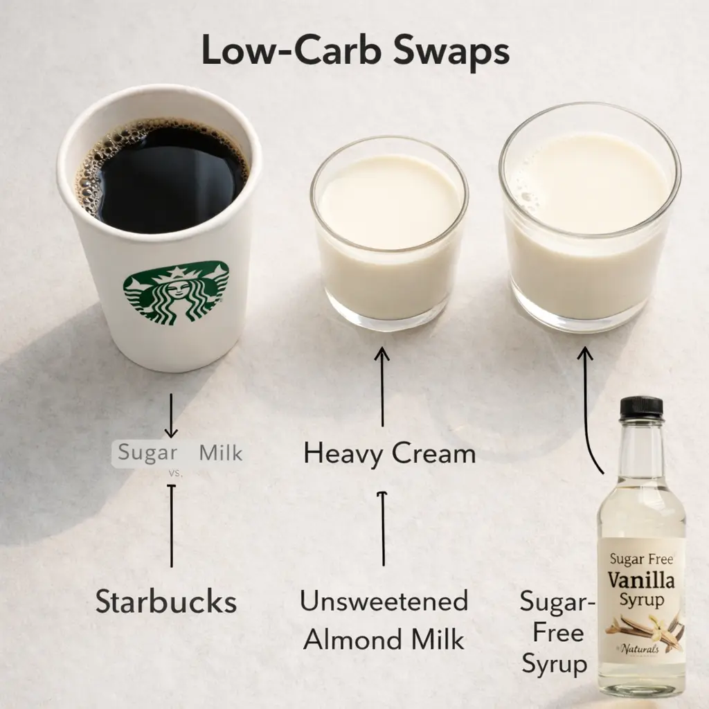 keto-friendly-starbucks-swaps-2 Top-down layout of Starbucks keto ingredient swaps including heavy cream and sugar-free syrup