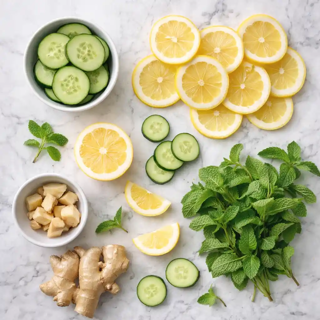 Close-up jar of lemon cucumber detox water with condensation